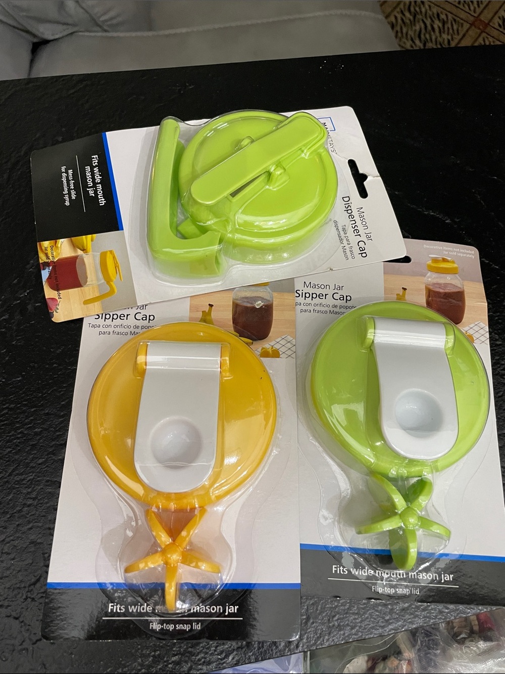 Wide-Mouth Mason Jar Sipper Cap - Green and Yellow (Set of 3) NIB